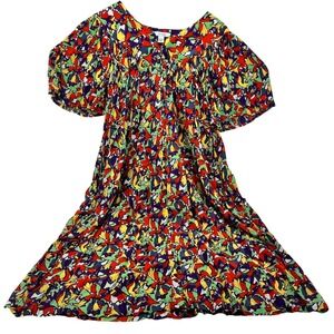 Go Softly Patio Womens Large Floral Rayon Zip Front Puff Sleeve Dress Multicolor